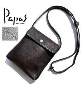 極美品【最高級】Papas+ パパス プラス レザー ショルダーバッグ 牛革 ロゴ型押し 日本製 送料520円【上品な大人のショルダーバッグ】茶