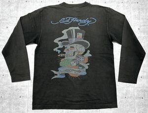 Ed Hardy カットソー 長袖 Tシャツ ロンT 両面染み込みプリント　　スカル エドハーディー ブラック フェード 色あせ 大きいサイズ 玉9450