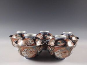 ◇堂◇古伊万里 金彩 色絵 花籠 山水文 蓋茶碗 5客 茶懐石 無傷完品 江戸期 49kw251