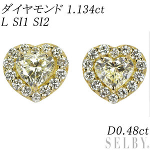 新品 K18 ハートシェイプ ダイヤモンド ピアス 1.134ct L SI1 SI2 D0.48ct 【エスコレ】 新入荷 出品1週目 SELBY