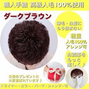 【つむじパーマ3Dヘアピース】 医療用　ウィッグ　脱毛症　人毛100% ブラウン