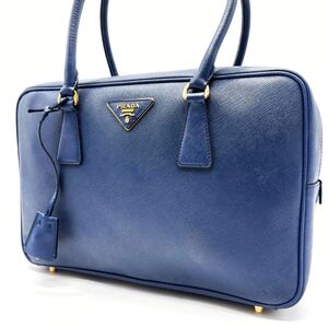 1円【最高級】PRADA プラダ トートバッグ ハンド ミニボストン 三角プレート ゴールド金具 サフィアーノレザー ブルー レディース 白タグ