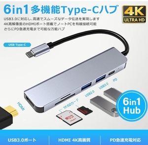 USB C ハブ 6in1 Type-C Hub バスパワー 4K HDMI PD充電 SD microSD カードリーダー