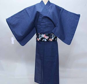 浴衣 単品 綿麻先染 男性用 紺地 縞 M/L サイズ 綿88％ 麻12% ゆかた 新品（株）安田屋 NO37416