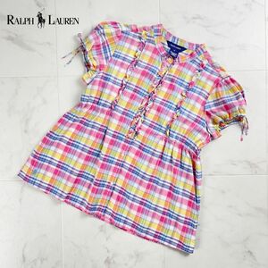 美品 RALPH LAUREN ラルフローレン チェック柄フリルデザインシャツブラウス トップス キッズ 子供服 ピンク系 サイズ16*RC918