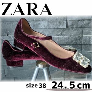 ZARA ザラ TRF ＊ベロア ビジュー付 フラット ストラップパンプス ワイン 24.5cm