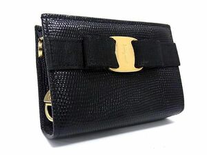 1円 ■美品■ Salvatore Ferragamo フェラガモ 223057 ヴァラリボン リザード型押しレザー ポーチ マルチケース ブラック系 BF8758