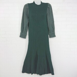 ◇ natural couture レース 切替 モックネック 長袖 ロング ニット ワンピース サイズF グリーン レディース E