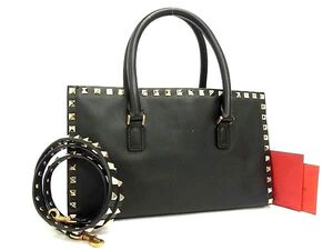 1円■極美品■ VALENTINO GARAVANI ヴァレンティノ ガラヴァーニ ロックスタッズ レザー 2WAY ハンドバッグ ショルダー ブラック系 FJ2761