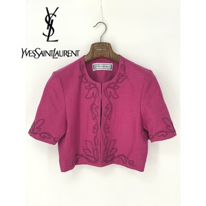 A8130/ビンテージ 90s 美品 春夏 Yves Saint Laurent イブサンローラン ビジュー 半袖 テーラード 前開き ジャケットM程 ピンク/レディース