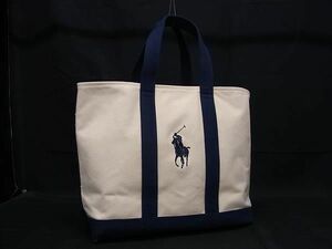 1円 ■極美品■ RALPH LAUREN ラルフローレン キャンバス ハンドバッグ トートバッグ レディース アイボリー系×ネイビー系 FE1043