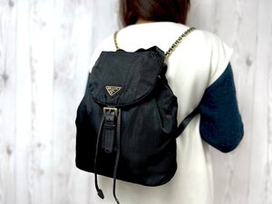 極美品 PRADA プラダ テスート ゴールドチェーン リュックサック バッグ ナイロン×レザー 黒 78983