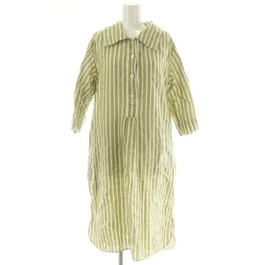 マーガレットハウエル 22SS WIDE STRIPE LINEN DRESS シャツワンピース ロング 七分袖 1 カーキ 白 ホワイト /DF ■OS レディース