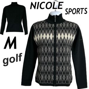 NICOLE SPORTS ニコル スポーツ レディース ゴルフウェア M ニットジャケットジップ 6S-62553 モックネック アーガイル ブラック系(L-24)★