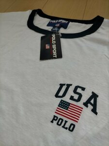 新品 デッドストック 90s USA製 ビンテージ POLO SPORT ラルフローレン ポロスポーツ USA星条旗 トリムTシャツ L ★リンガー