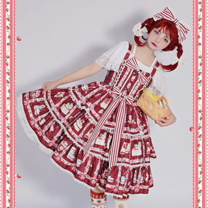 Lolita ロリータ ジャンパースカート ワンピース ドレス プリント イチゴ柄 姫ロリ 甘ロリ ゴスロリ ゆめかわいい JSK 夏 レディース