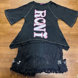 【RONI／ロニィ】Tシャツ　チュニック　タイトスカート　レーススカート　サイズS　100cm　110㎝　中古　黒　上下２枚セット