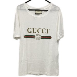 グッチ GUCCI 半袖Tシャツ サイズS 440103 GUCCI ロゴ ウォッシュドオーバーサイズ Tシャツ アイボリー×グリーン×レッド レディース