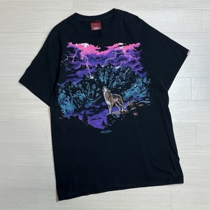 HIDE AND SEEK/ハイドアンドシーク/WOLF S/S Tee/ウルフ×イナズマ/半袖Tシャツ/ブラック/グラフィックプリント/Mサイズ