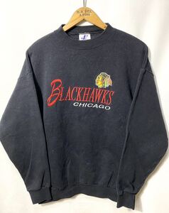 ■ ビンテージ LOGO ATHLETIC NHL ブラックホークス 刺繍ロゴ スウェット トレーナー サイズM 黒 アメカジ Brackhawks インディアン ■