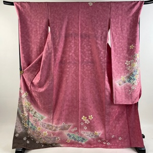 振袖 身丈172cm 裄丈71cm L 袷 枝垂桜 熨斗 箔 金彩 ピンク 正絹 名品 【中古】