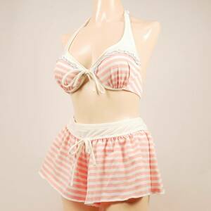 5591 美品 PinkyGirls レディース水着ボーダー柄プリントホルターネックビキニ３点セット 7Sサイズ ピンク系 匿名配送