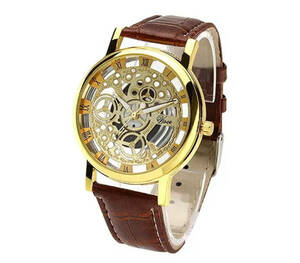 腕時計 時計 ギリシャ文字 ステンレス レザー ベルト 革 アナログ メンズ クォーツ 時計 男女兼用 ゴールドフレーム　ブラウン　1