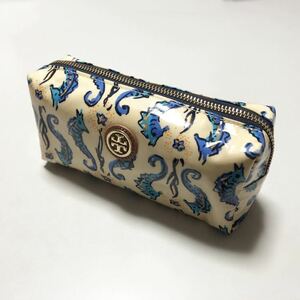 $ 美品 $◆ トリーバーチ ◆ TORY BURCH◆ タツノオトシゴ 総柄◆ ビニールコーティング・化粧ポーチ 小物入れ ペンケース◆ミルクティー色