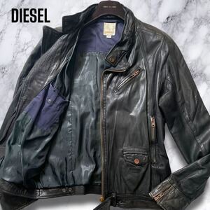 希少XL!!! 贅沢羊革!!! DIESEL レザージャケット ライダース ロゴ刺繍 裏地総柄 ダブルジップ ラムレザー ブラック 黒 ディーゼル LL