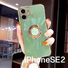 モスグリーンiPhoneSE2用ケースリング付き黄緑韓国ソフトケース第二世代