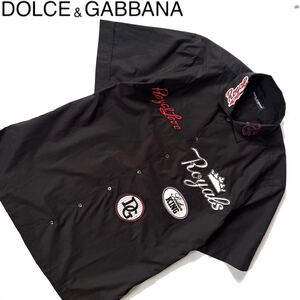 【送料無料】DOLCE&GABBANA ドルガバ 半袖シャツ　メンズ　ワッペン ボーリング　ブラック　黒　ドルチェ＆ガッバーナ オープンカラー