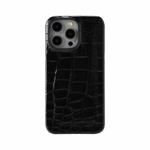 クロコダイル シャイニング加工 ブラック iPhone 15 ProMax ケース カバー 高級 本革 本物 一枚革 腹革 極上の触感 クロコダイルの美しさ