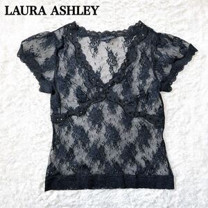 LAURA ASHLEY ローラアシュレイ 総レース シャツ トップス ブラック S ストレッチ レディース C62417-10