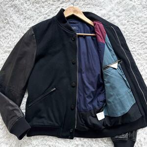 羊革/XLサイズ ●ポールスミス Paul Smith 中綿 スタジャン 本革 ラムレザー マルチカラー 黒 ブラック メンズ ブルゾン ジャケット 毛