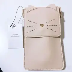 ⭐️スマホ ポーチ 猫 ショルダー 入れたまま操作 ベージュ バッグ