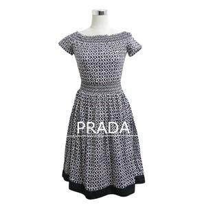 美品 PRADA プラダ サイズ約M 幾何学模様 総柄 名作 ギャザー 膝丈 半袖 フレア ワンピース ドレス マルチカラー