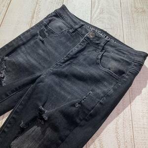 【AMERICAN EAGLE】HI-RISE JEGGING ハイライズジェギング ブラックスキニーデニムパンツ US 2 REGULAR クラッシュ加工