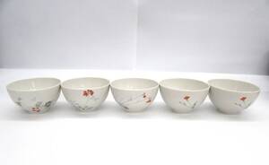 美品 庫山窯 茶碗 飯碗 お碗 お茶碗 赤花 絵変わり（4種）5客セット 盛碗 小丼 和食器 陶磁器 口径11㎝ 高さ6.8㎝