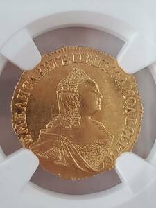 ●コイン● 1756 金貨 ロシア エリザヴェータ 2ルーブル MS 61
