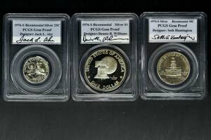 ★日終 【PCGS 3枚まとめ出品】1976 アメリカ 1ドル 50C 25C デザイナー サイン入り//世界コイン 古銭 貨幣 硬貨【決済期限火曜日】