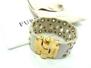 ■美品■ FURLA フルラ レザー スタッズ パンチング ブレスレット バングル アクセサリー ホワイト系×ゴールド系 DE2483