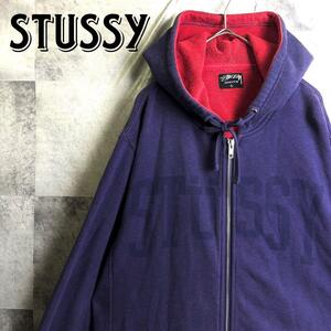 希少 美品 STUSSY ステューシー アーチ&スカルフードロゴ ジップアップ スウェットパーカー レッド 赤裏地 パープル 紫 L