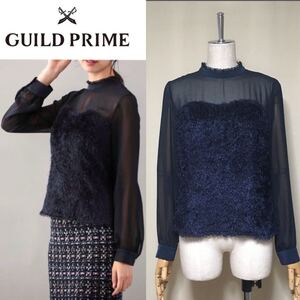 【GUILD PRIME】ギルドプライム 定価1.3万 洗える シャギー切替 シアーブラウス 36/Mサイズ ネイビー レディース レース 立ち襟 ラブレス