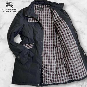 美品/Lサイズ◎バーバリーブラックレーベル ダウンジャケット BURBERRY BLACK LABEL ノバチェック ロング コート ジップアップ メンズ 黒