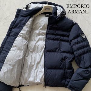 美品/L相当★ エンポリオ アルマーニ EMPORIO ARMANI エンブレムロゴ ダウンジャケット 着脱フード ブルゾン 肉厚 極暖 ブラック 黒 メンズ