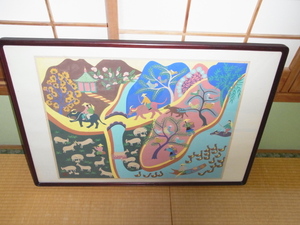 美品 希少 中国 戸県 1970年前後 文化大革命■高風作 『農村風景』 金山農民画 第４回江南之春美術展１等受賞者（額装）縦63ｃｍ、横93ｃｍ