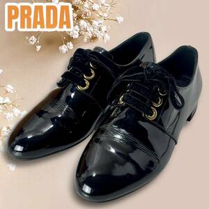 美品☆希少サイズ☆PRADA プラダ 34.5/21.5CM パテント エナメル ドレスシューズ ベルベット 黒 ブラック ゴールド金具 ベロア ローファー