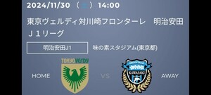 東京ヴェルディvs川崎フロンターレ 11/30(土) 味の素スタジアム バックBホーム自由席ペア招待券