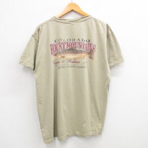 XL/古着 半袖 ビンテージ Tシャツ メンズ 90s ロッキーマウンテンズ コロラド 魚 大きいサイズ コットン クルーネック ベージュ カーキ 24j