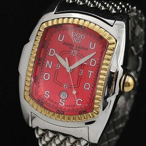 1円 稼働 良品 リトモラティーノ QZ レッド文字盤 デイト レクタンギュラー ドーム型 メンズ腕時計 DOI 3709000 6NBG1